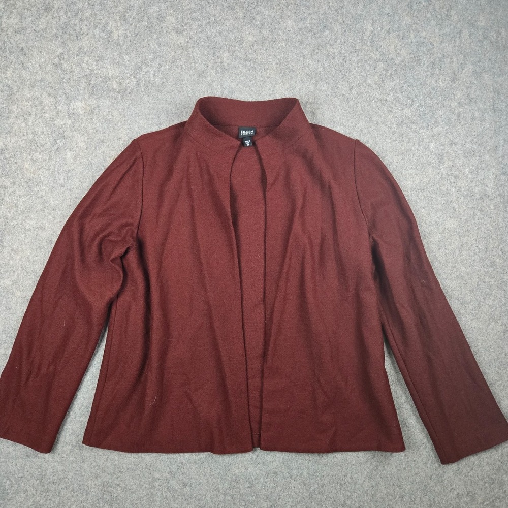 Eileen Fisher Cardigan Sweater Womens M Burgundy‎ Open Front 100% Wool Layering